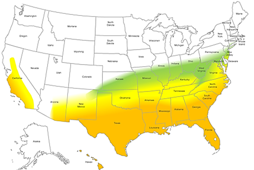 Illustration showing U.S. range of turfgrass adaptation